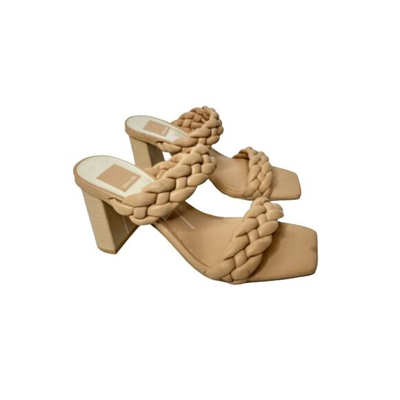 NWOT Dolce Vita Women Braided Heeled Paily Sandals 6.5 Slip On Vegan Leather Tan - Picture 1 of 13